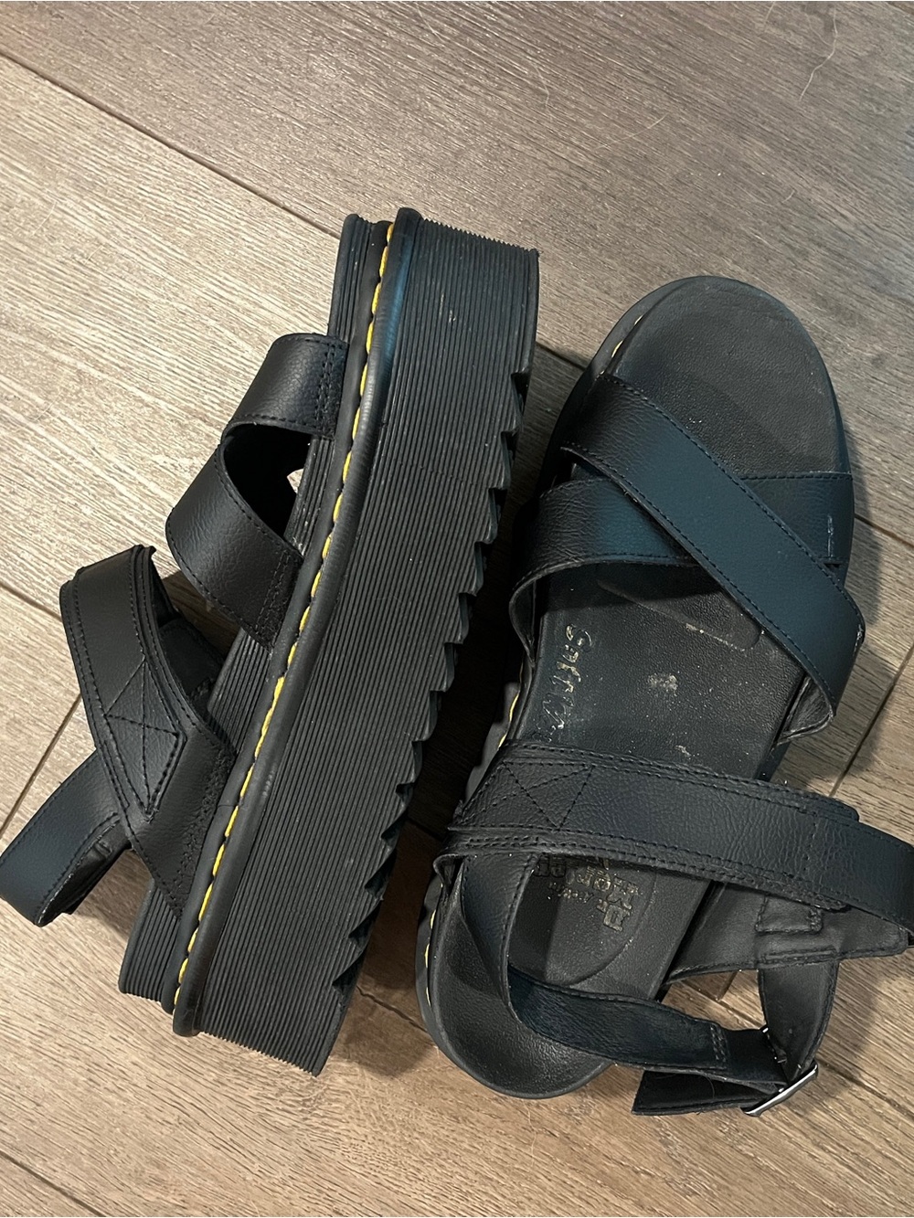 Dr. Martens Black Platform Sandals with Yellow Stitching